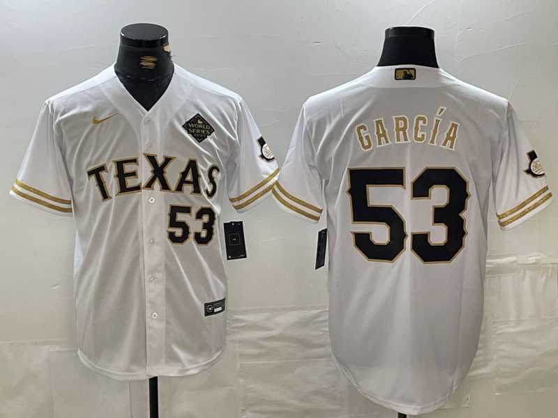 Mens Texas Rangers #53 Adolis Garcia Number White Gold Cool Base Stitched Baseball Jersey->texas rangers->MLB Jersey